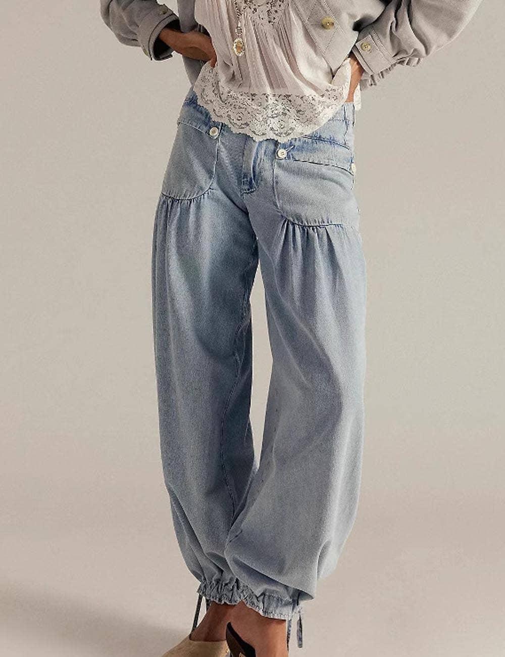 Ruched Drawstring Cuffed Denim Pants
