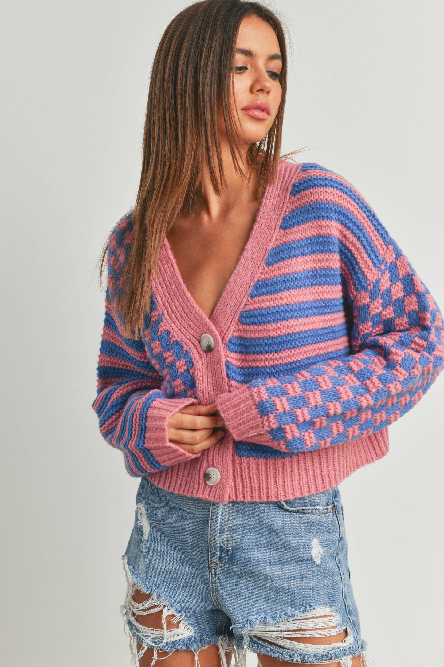 Checkered Stripe Cardigan Sweater