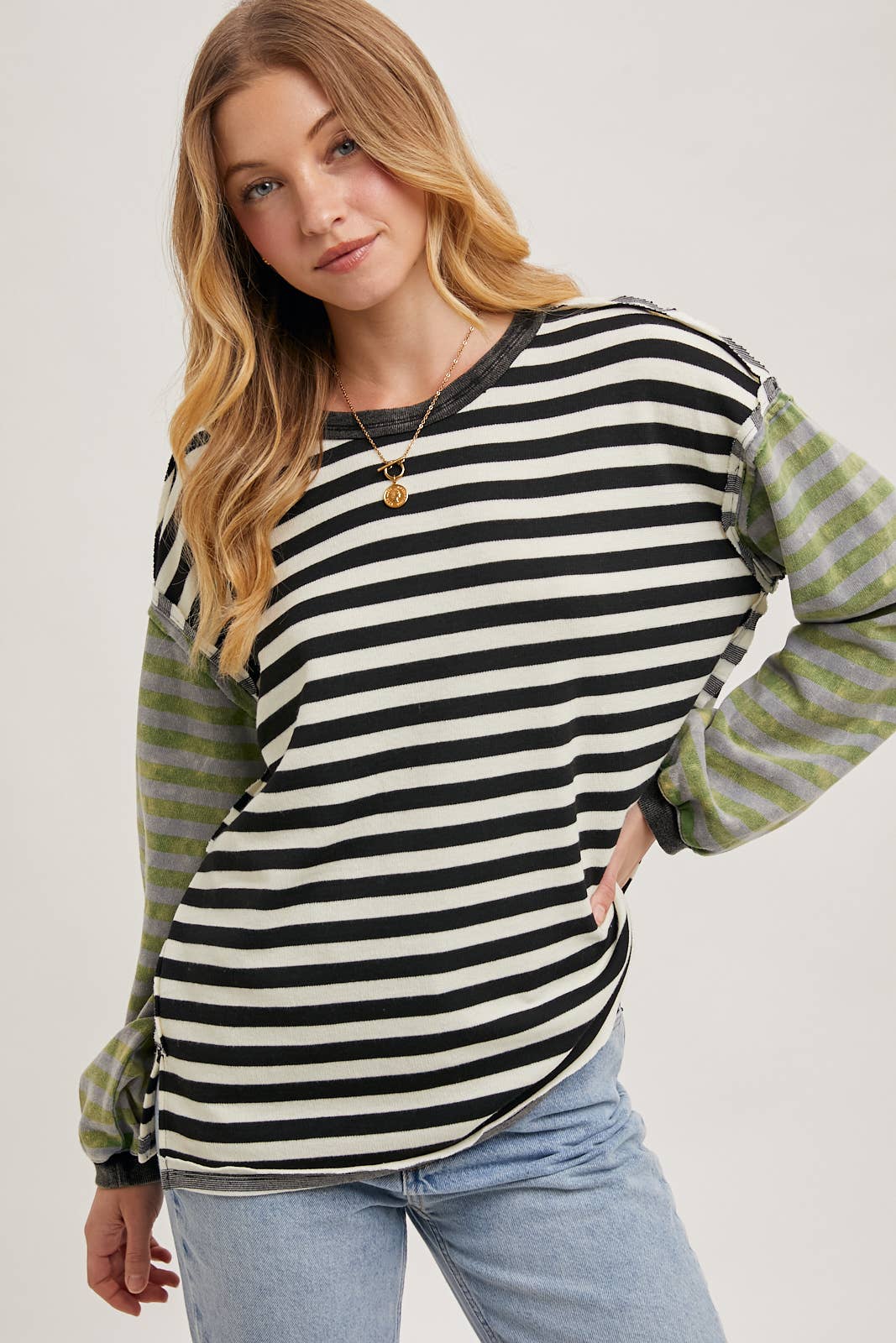 Bluivy - STRIPE CONTRAST EXPOSED SEAM LOOSE FIT KNIT PULLOVER