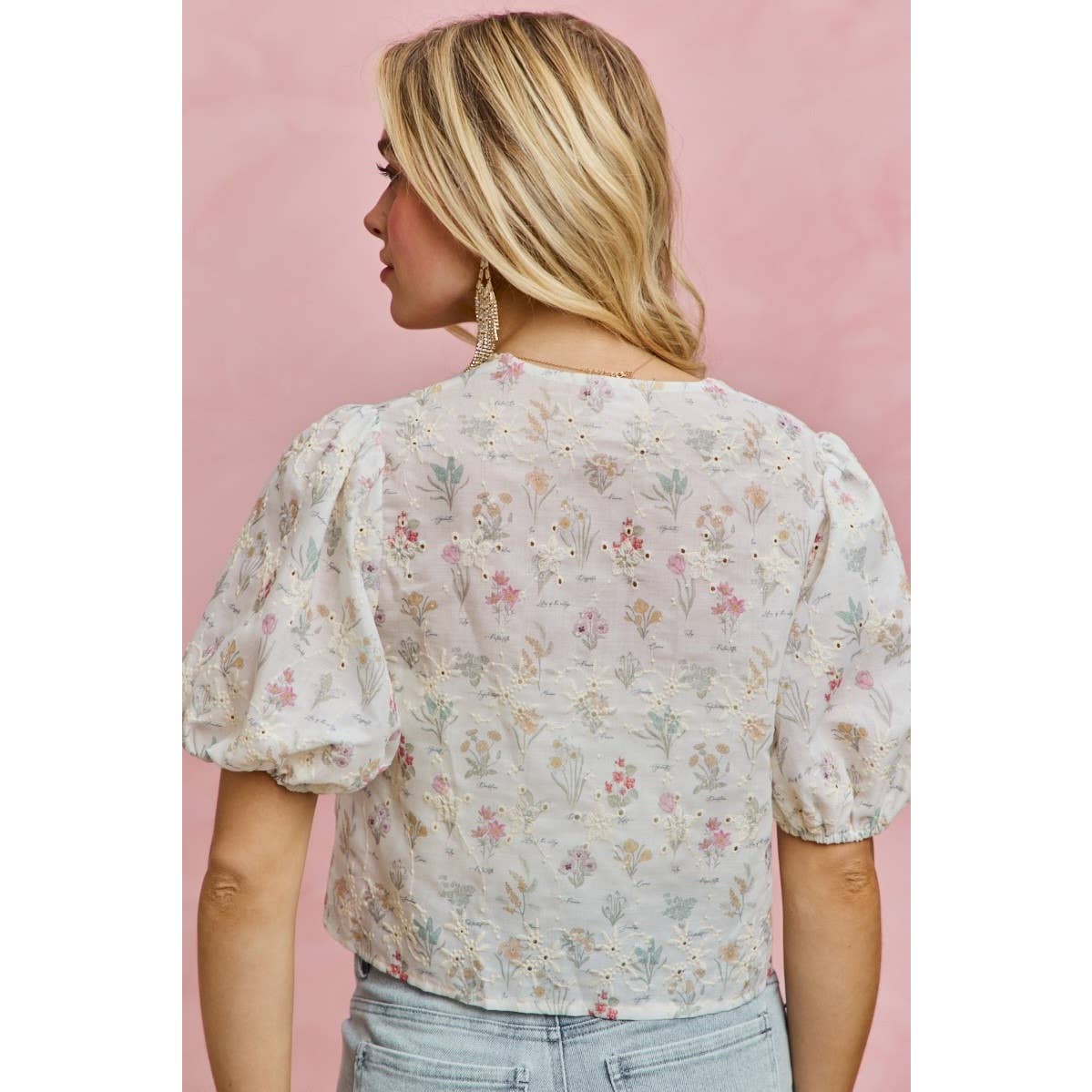 Floral Print Eyelet Scallop Edge Front Tie Top