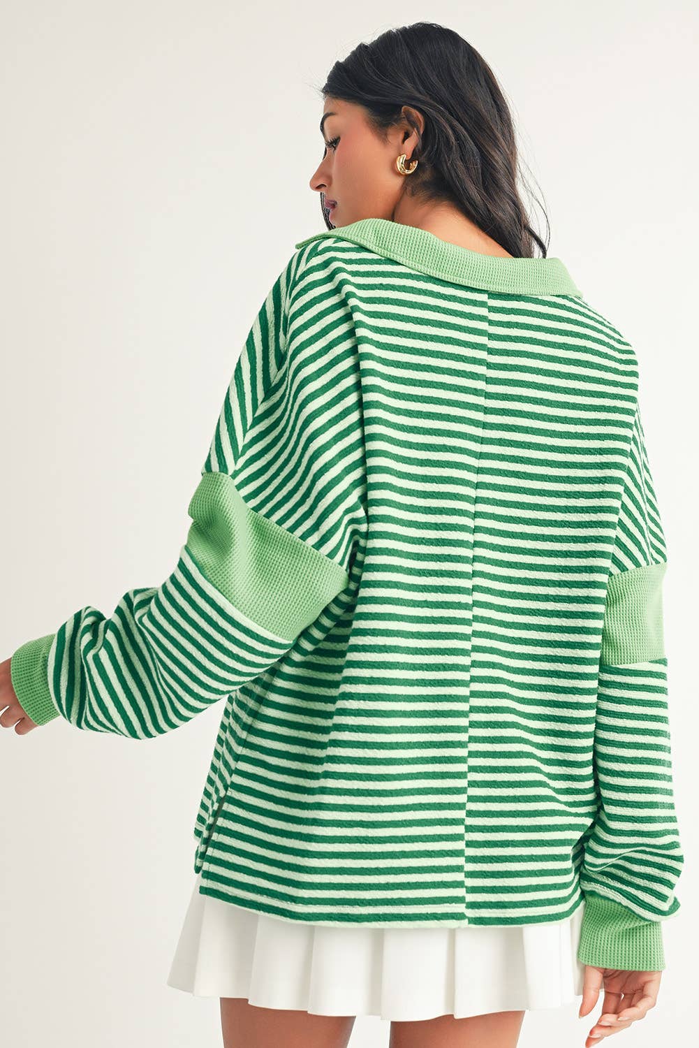 Little Daisy Closet - LDC Stripe Turn-Down V Neck Patchwork Loose Top