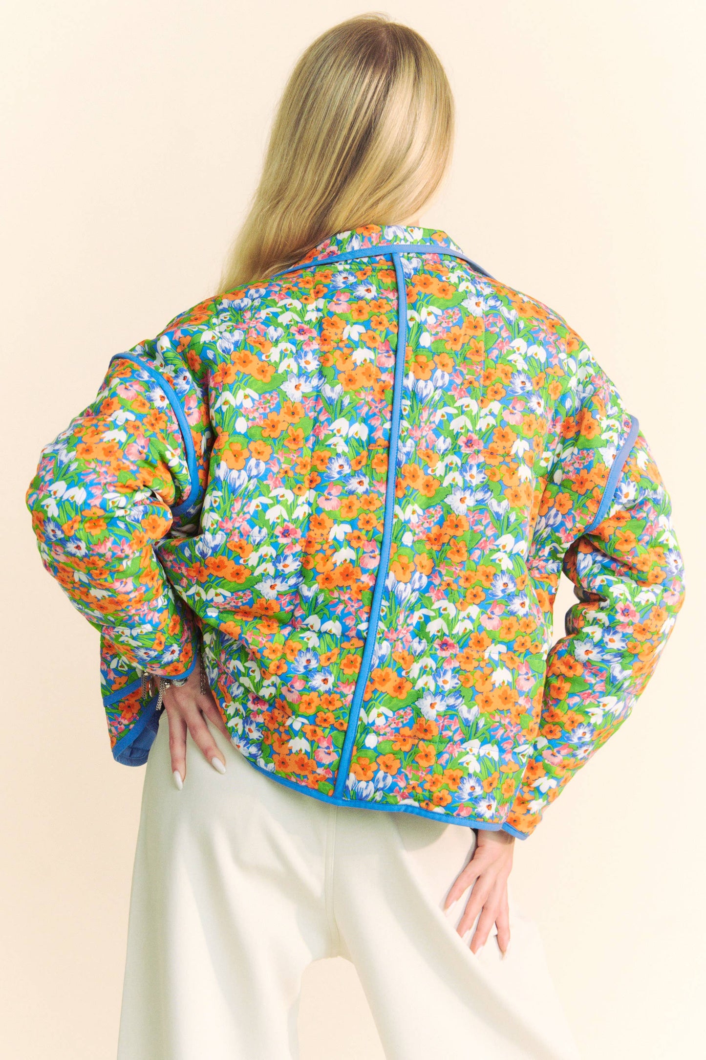 RETRO FLORAL PRINT CONTRAST BINDING PADDED JACKET