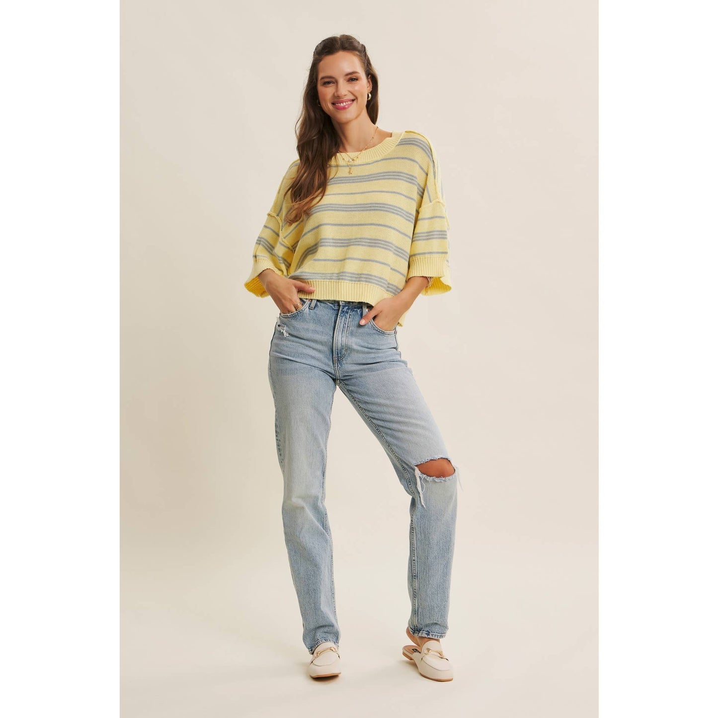 in february - ESSENSE OF WEEKENDS BOXY STRIPE SWEATER WITH DROP SHOULDERS