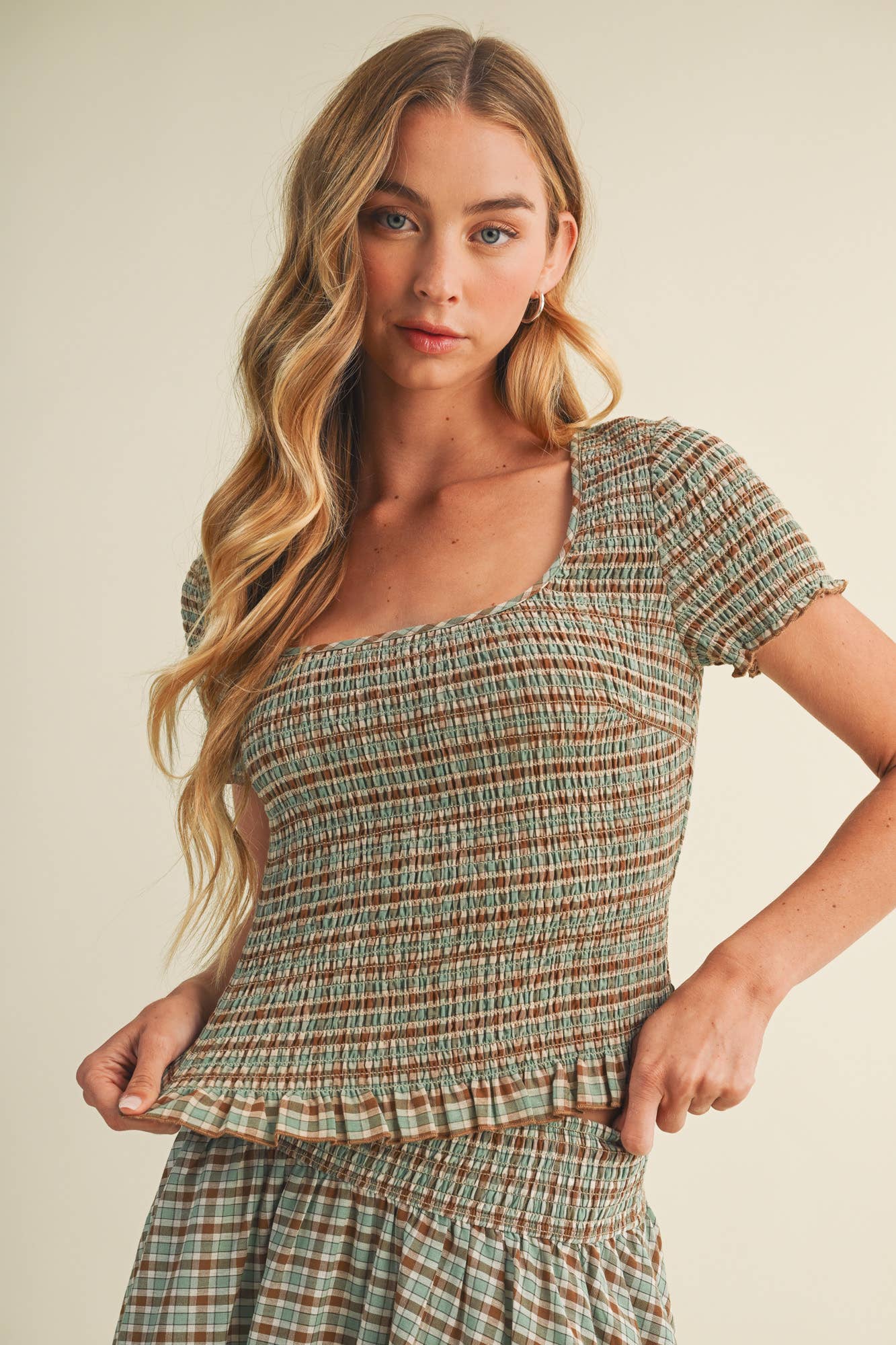 Mustard Seed - Square-Neck Smocked Plaid Blouse