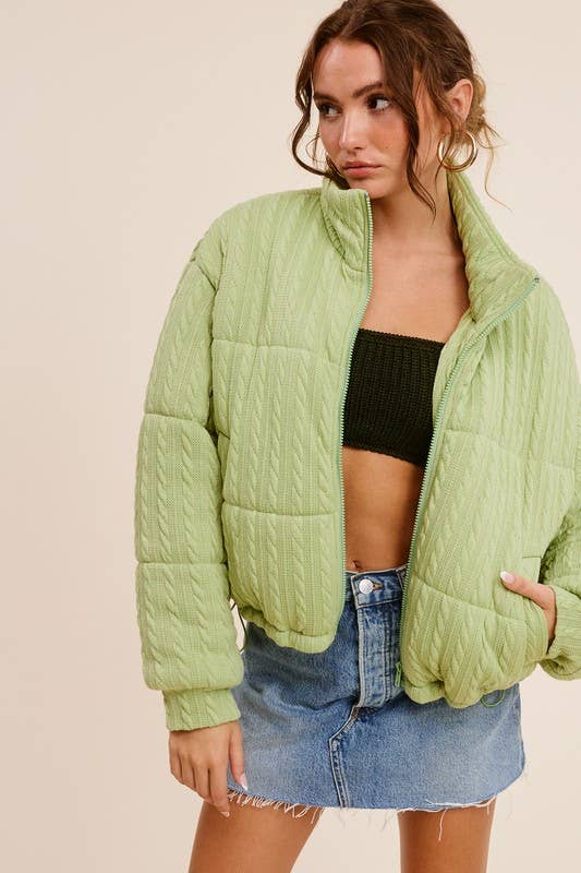 Cable-Knit Drawstring Waist Puffer Jacket