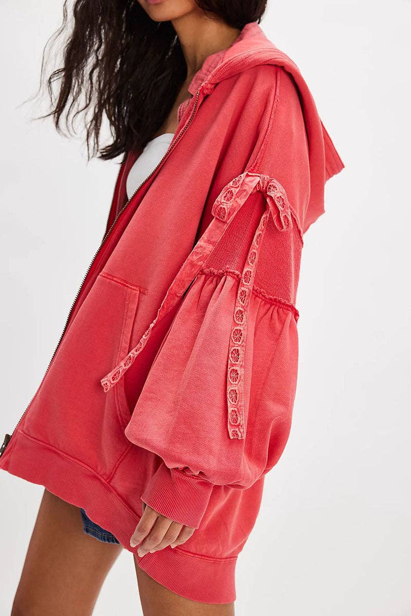Mccolin - Tie-Sleeve Puff Zip-Up Hoodie