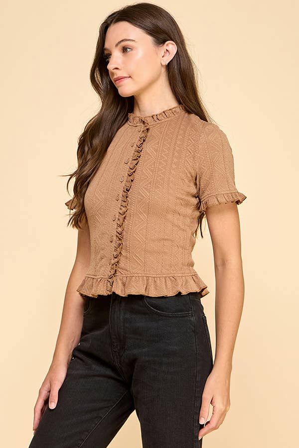 Cable knit top with short sleeve and button front