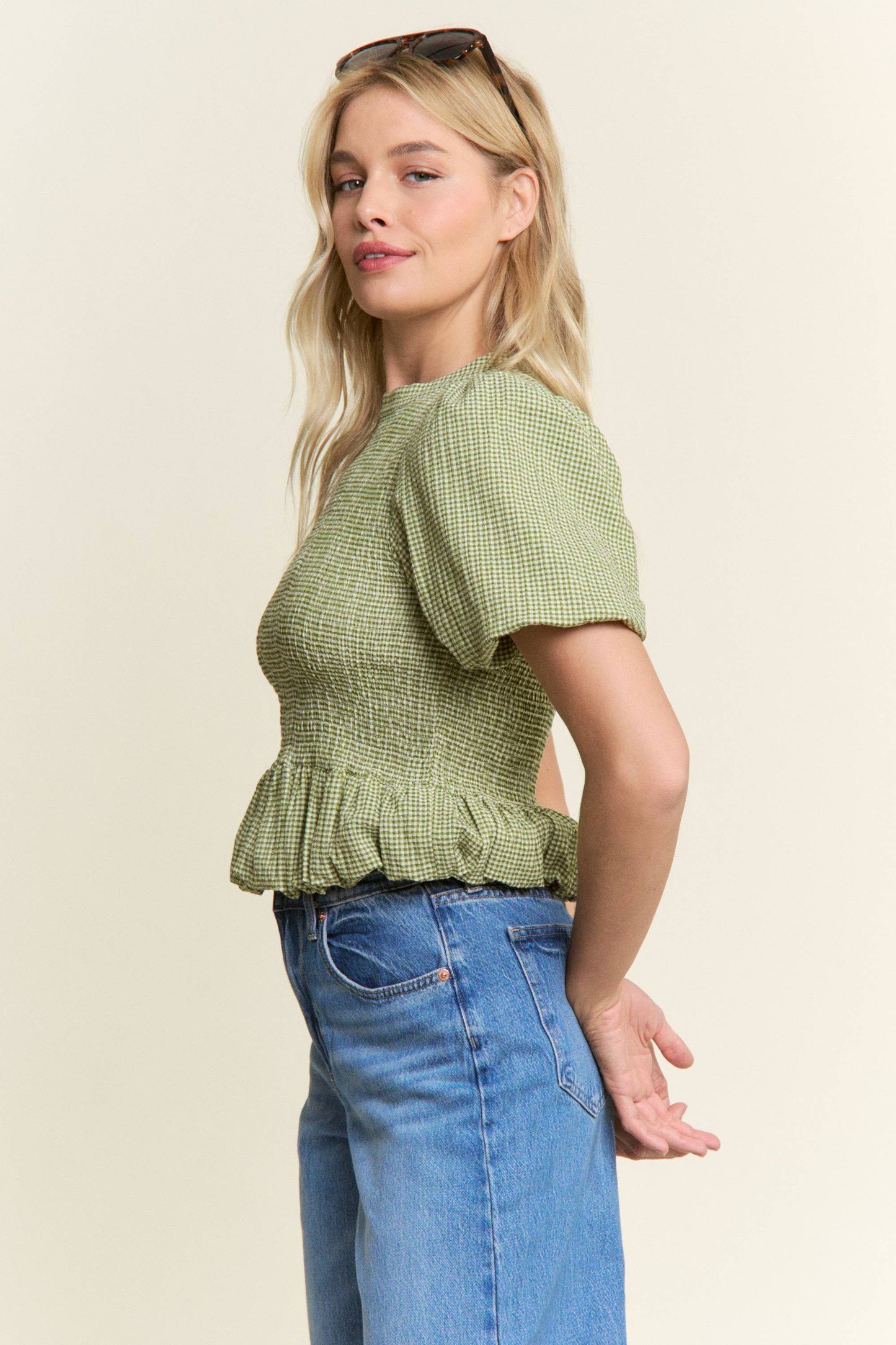 CANDESCENT - Smocked Gingham Ruffle Top