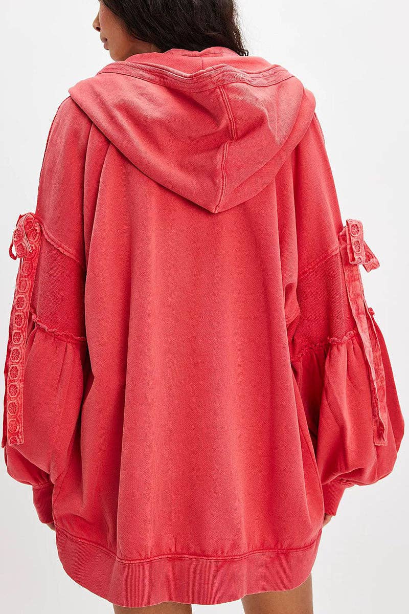 Mccolin - Tie-Sleeve Puff Zip-Up Hoodie