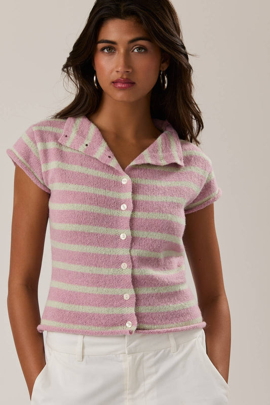 HIGH NECK BUTTON DOWN STRIPE SWEATER TOP