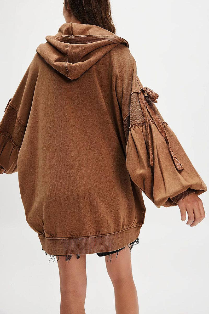 Mccolin - Tie-Sleeve Puff Zip-Up Hoodie