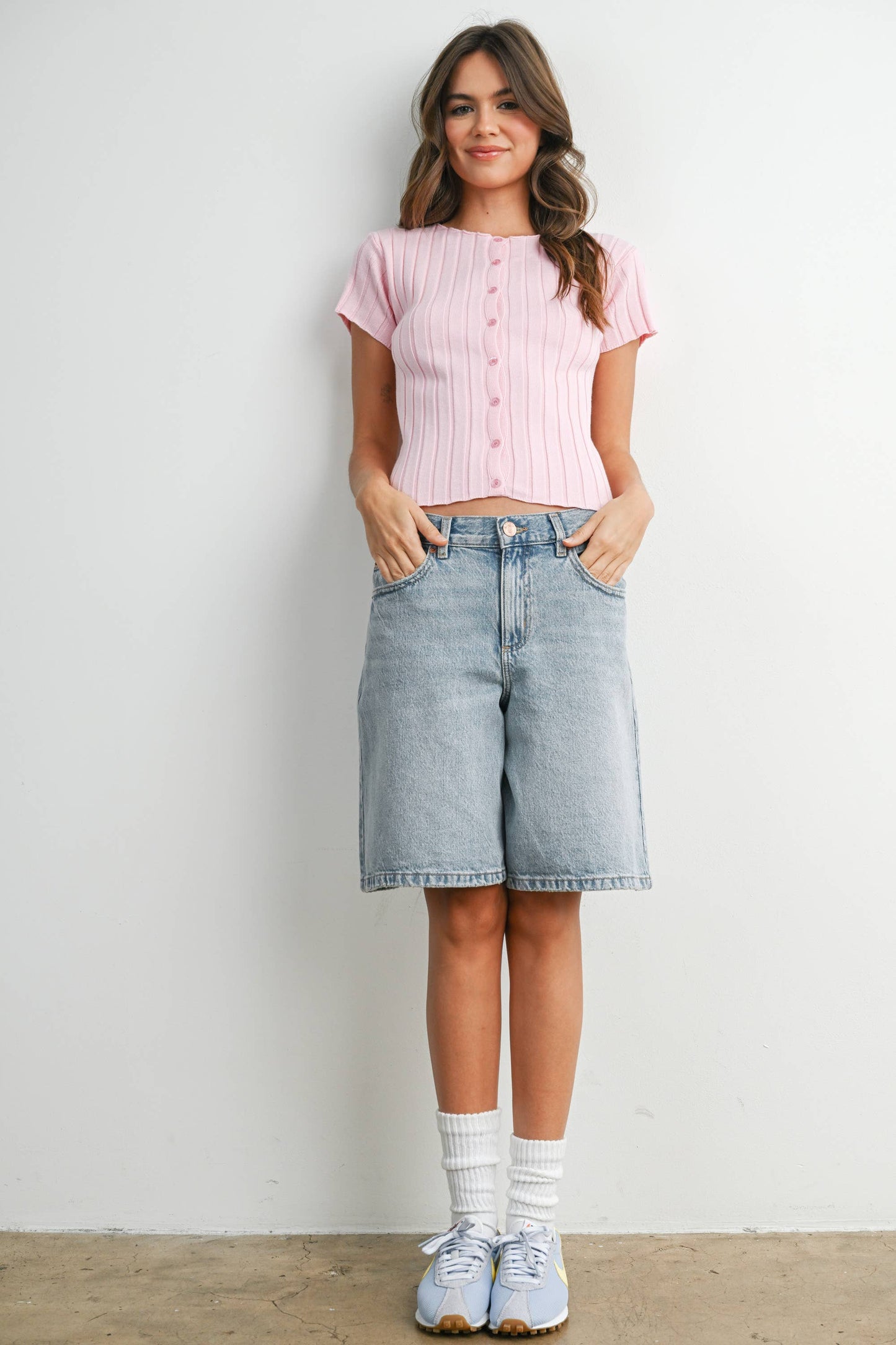 Ribbed Short Sleeve Buttoned Top