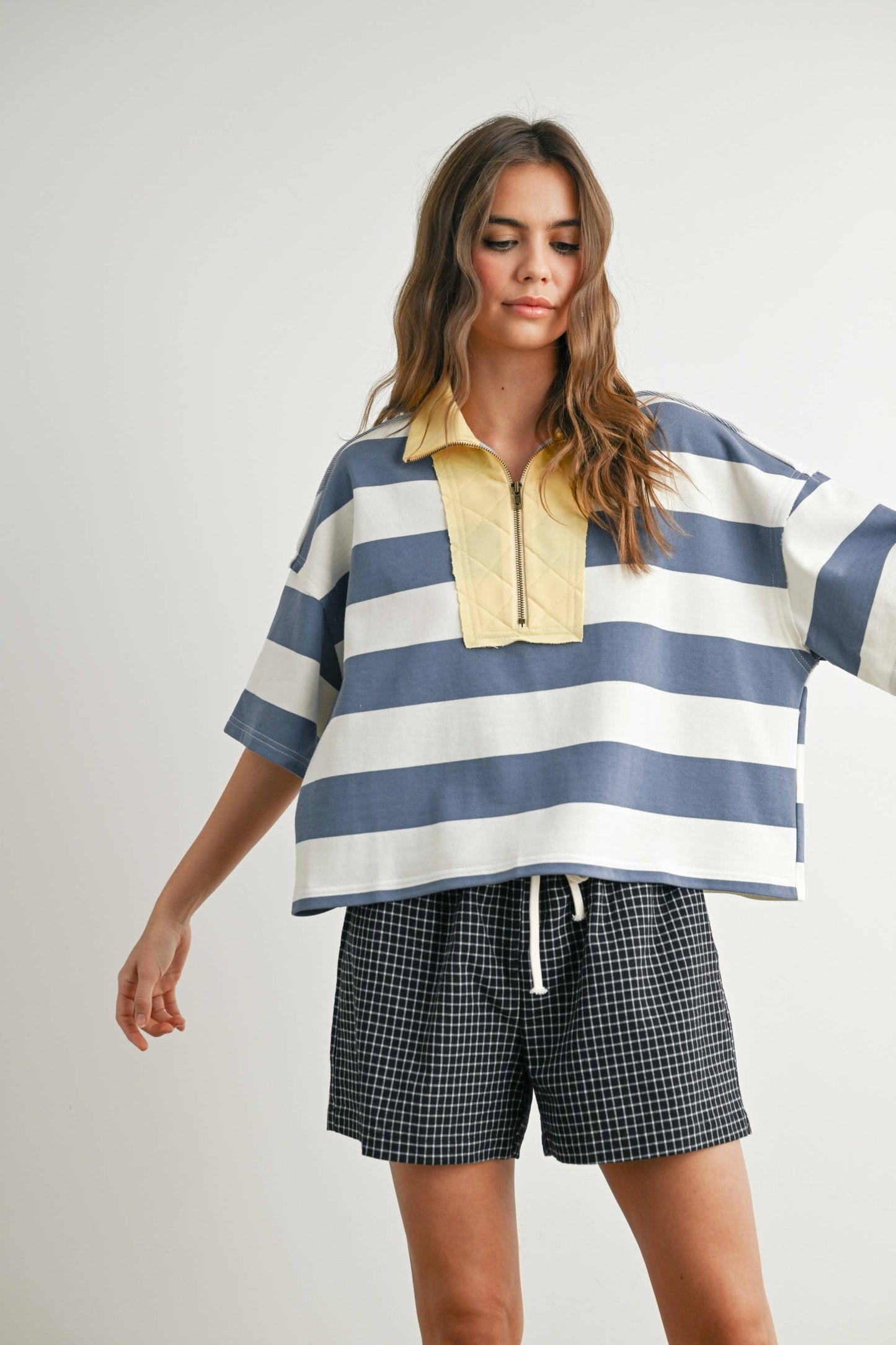 BUTTERMELON - Oversized Striped Zip-Up Polo Shirt - BMT7711