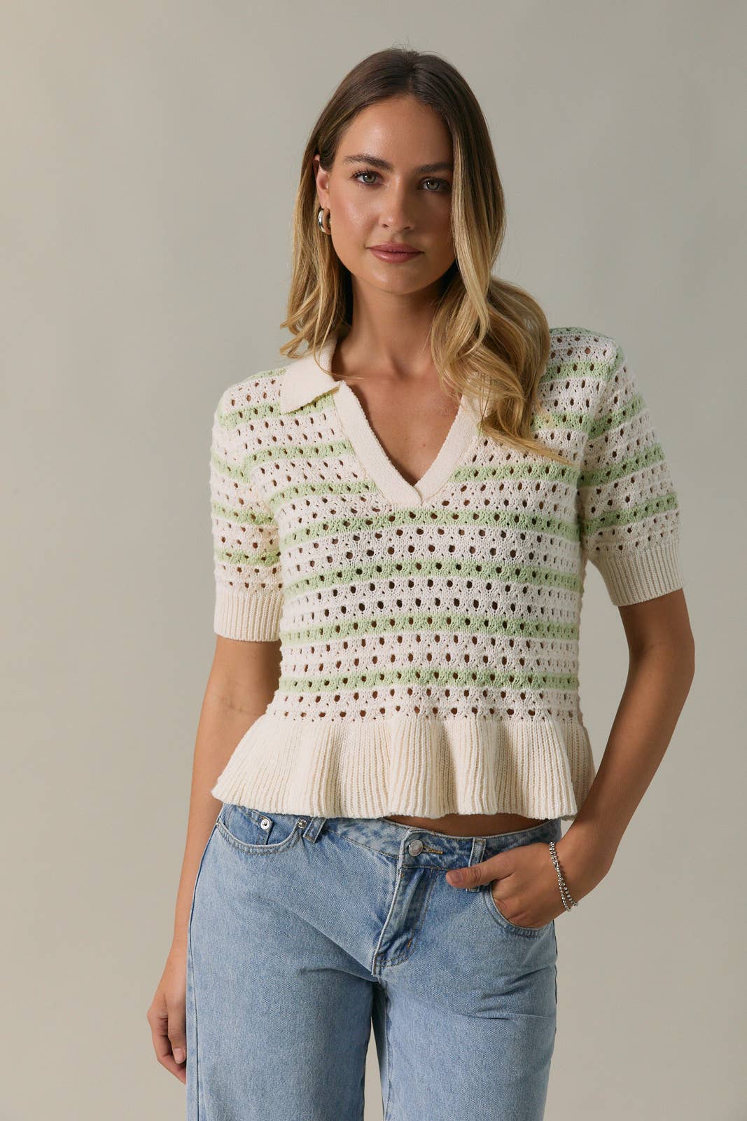 STRIPE SWEATER KNIT POLO WITH RUFFLE