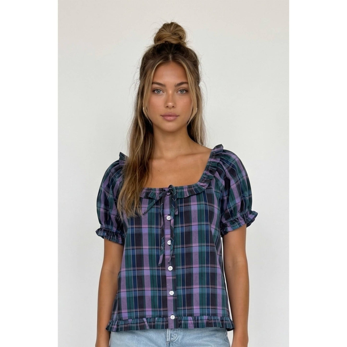 Twentifourth - TF26-0279T - Plaid ruffle sleeve button up blouse