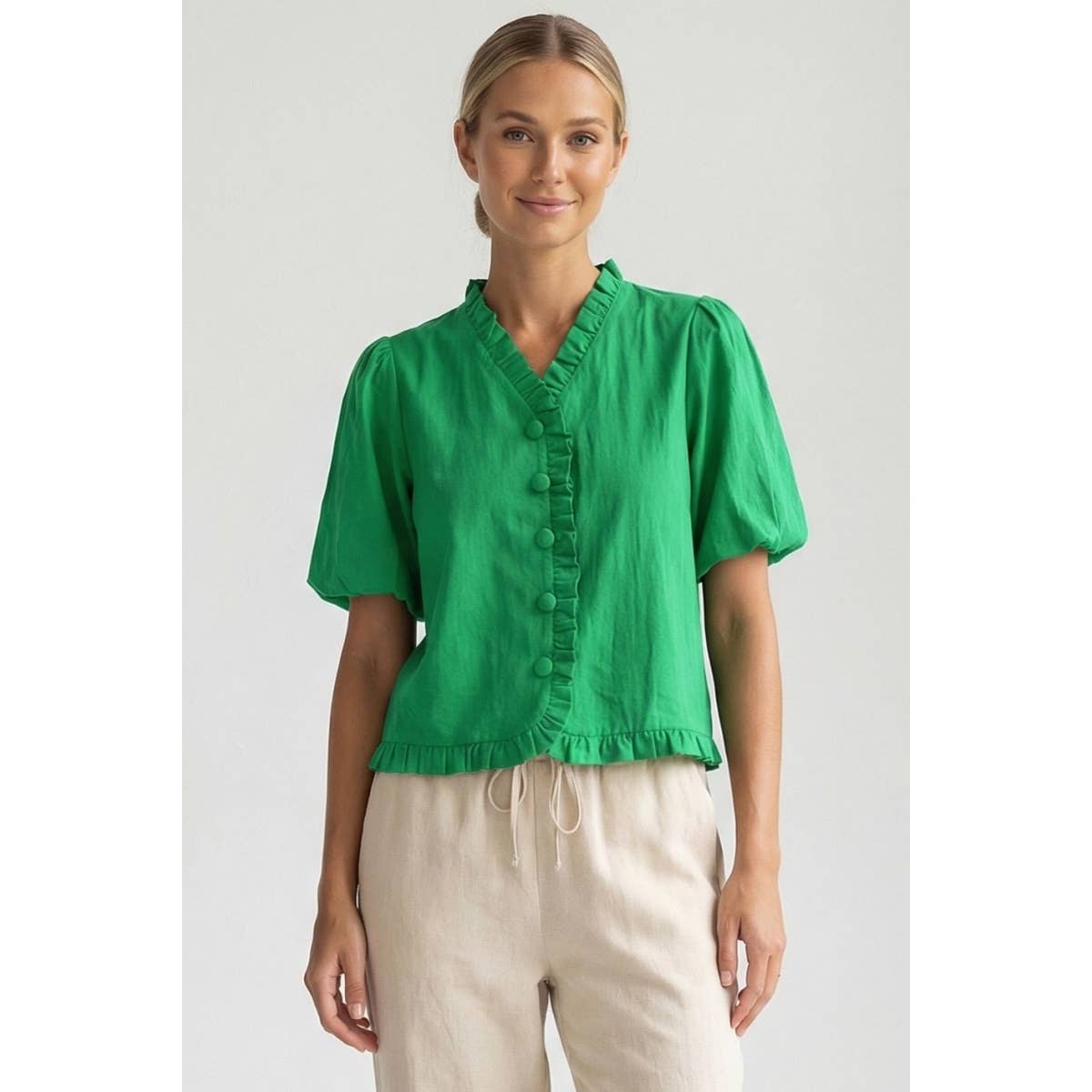 Ruffle Detail Bubble Sleeve Top