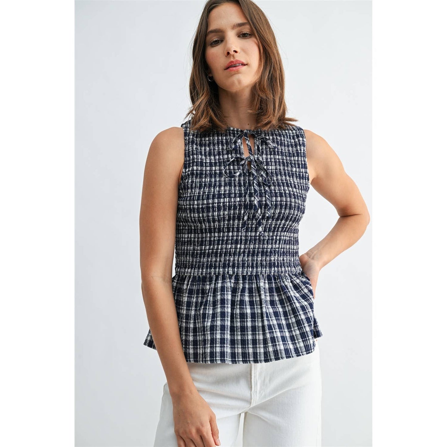 FUN2FUN - GINGHAM PRINTED SLEEVELESS PEPLUM TIE DETAIL SOCKED TOP
