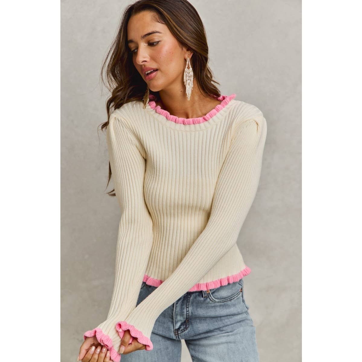 IVE - Ruffle Edge Ribbed Sweater Knit Top