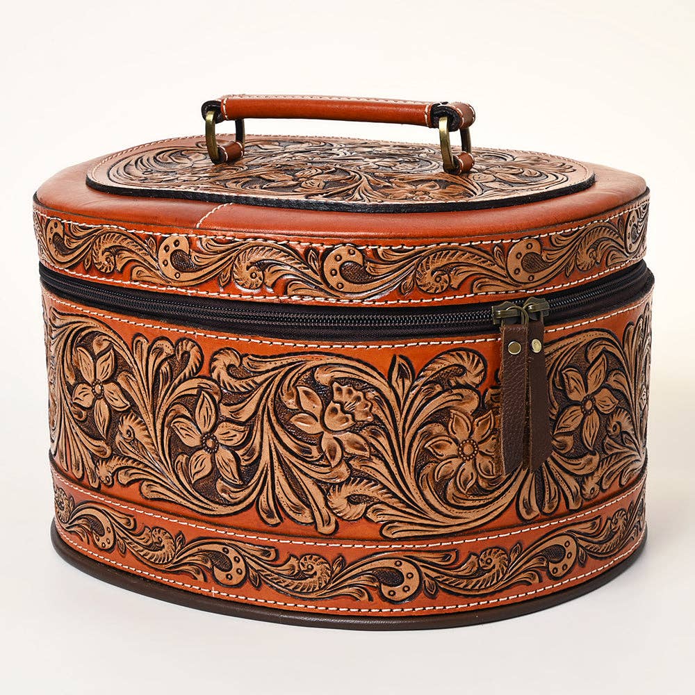 Western Hand Tooled Leather Jewelry Case Oval Floral Organizer