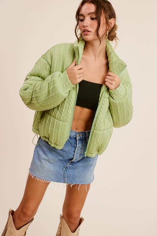 Cable-Knit Drawstring Waist Puffer Jacket