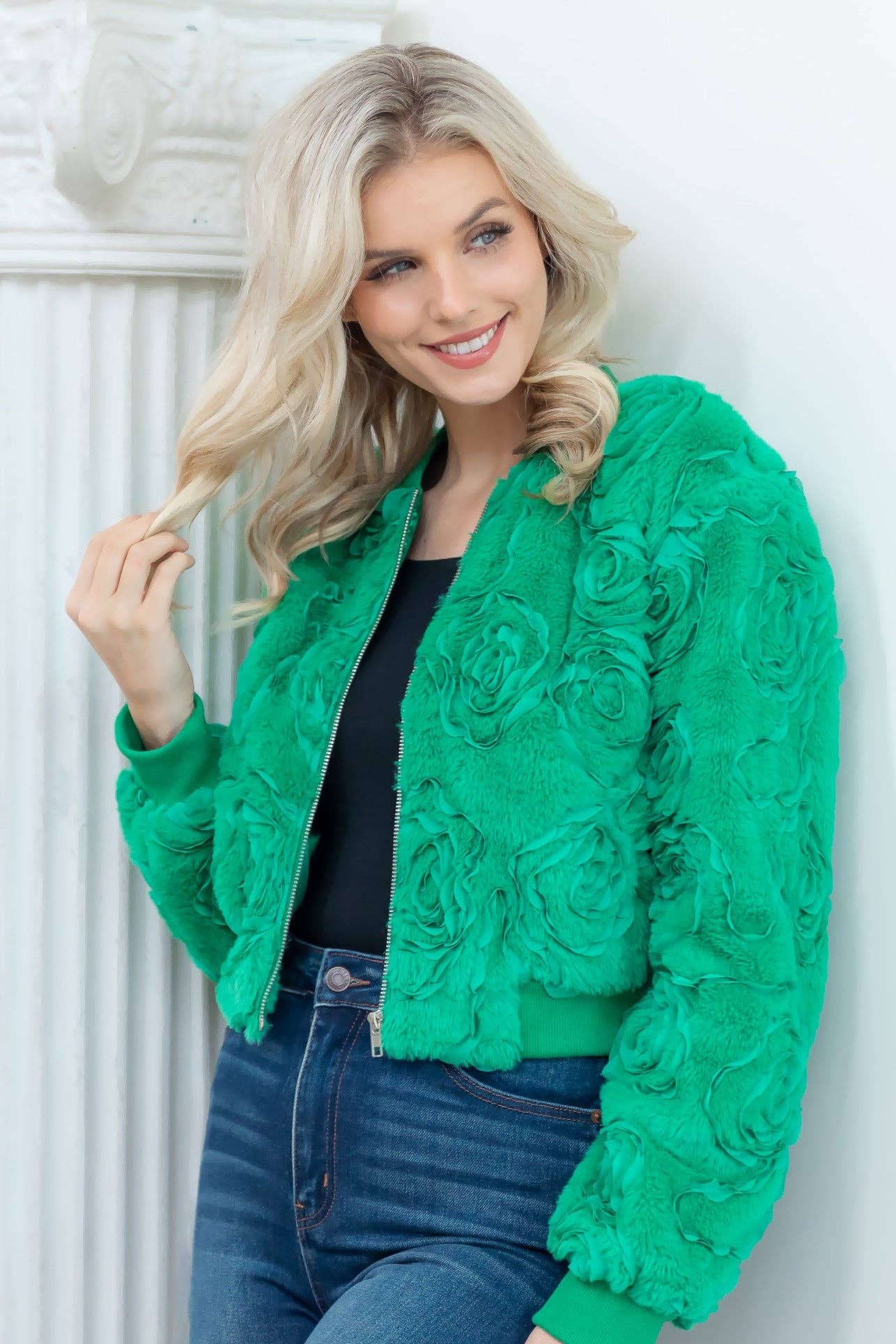 Textured Rosette Embellishment fur Bomber Jacket