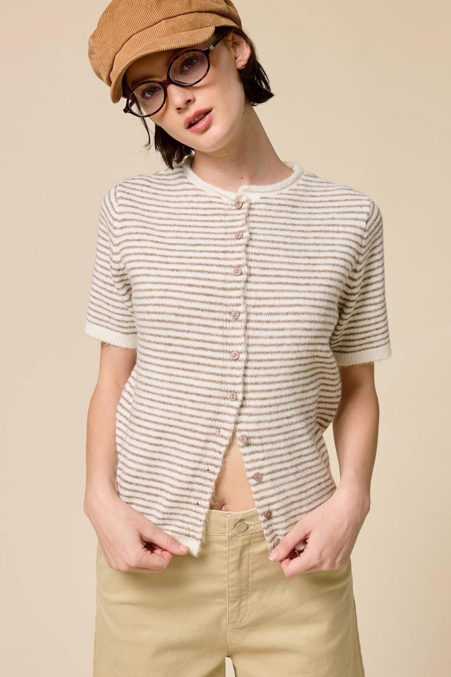 Mimosa - Striped Short Sleeve Button Cardigan