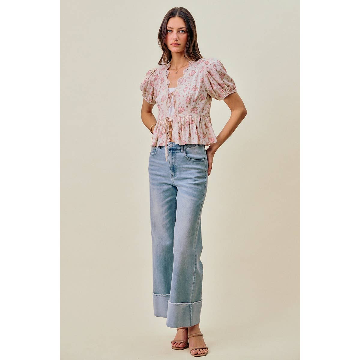 So Me - FLORAL SCALLOP LACE TRIMMED RIBBON TIE BLOUSE  TOP