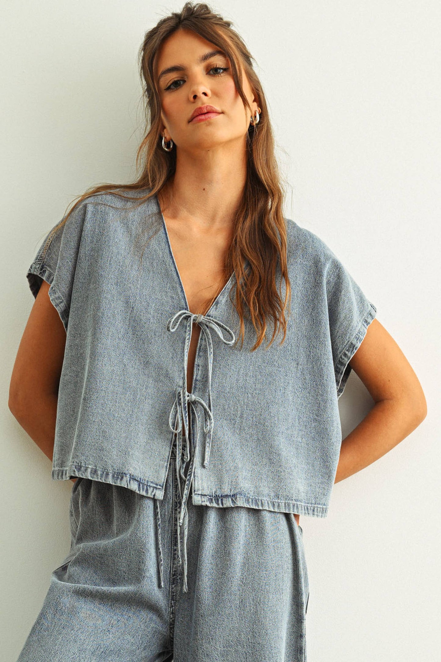 MIOU MUSE - T4768ST   DENIM TIED FRONT BLOUSE