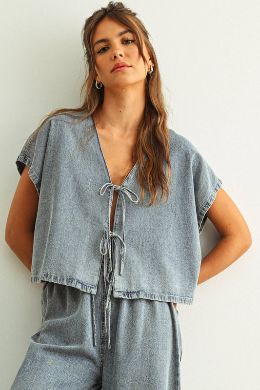 DENIM TIED FRONT BLOUSE