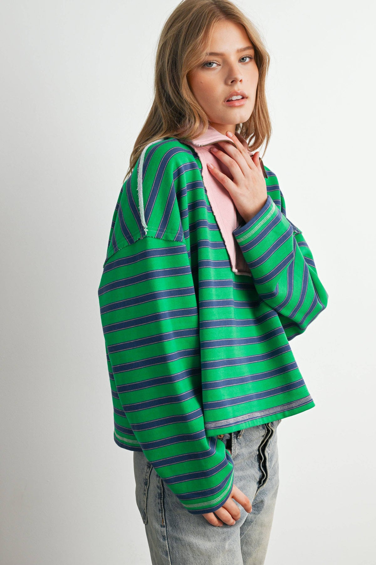 BUTTERMELON - Striped Half Zip Contrast Collar Sweatshirt-BMT8722