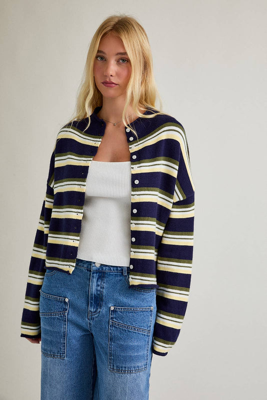 ROLL HEM BUTTONS DETAIL STRIPED CARDIGAN