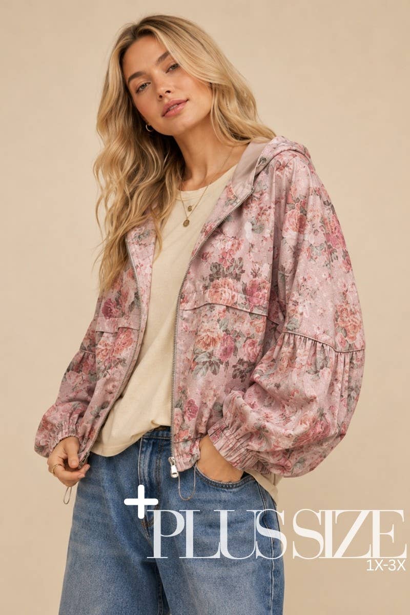 J.NNA - DENIM FLORAL PATTERN HOODED JACKET