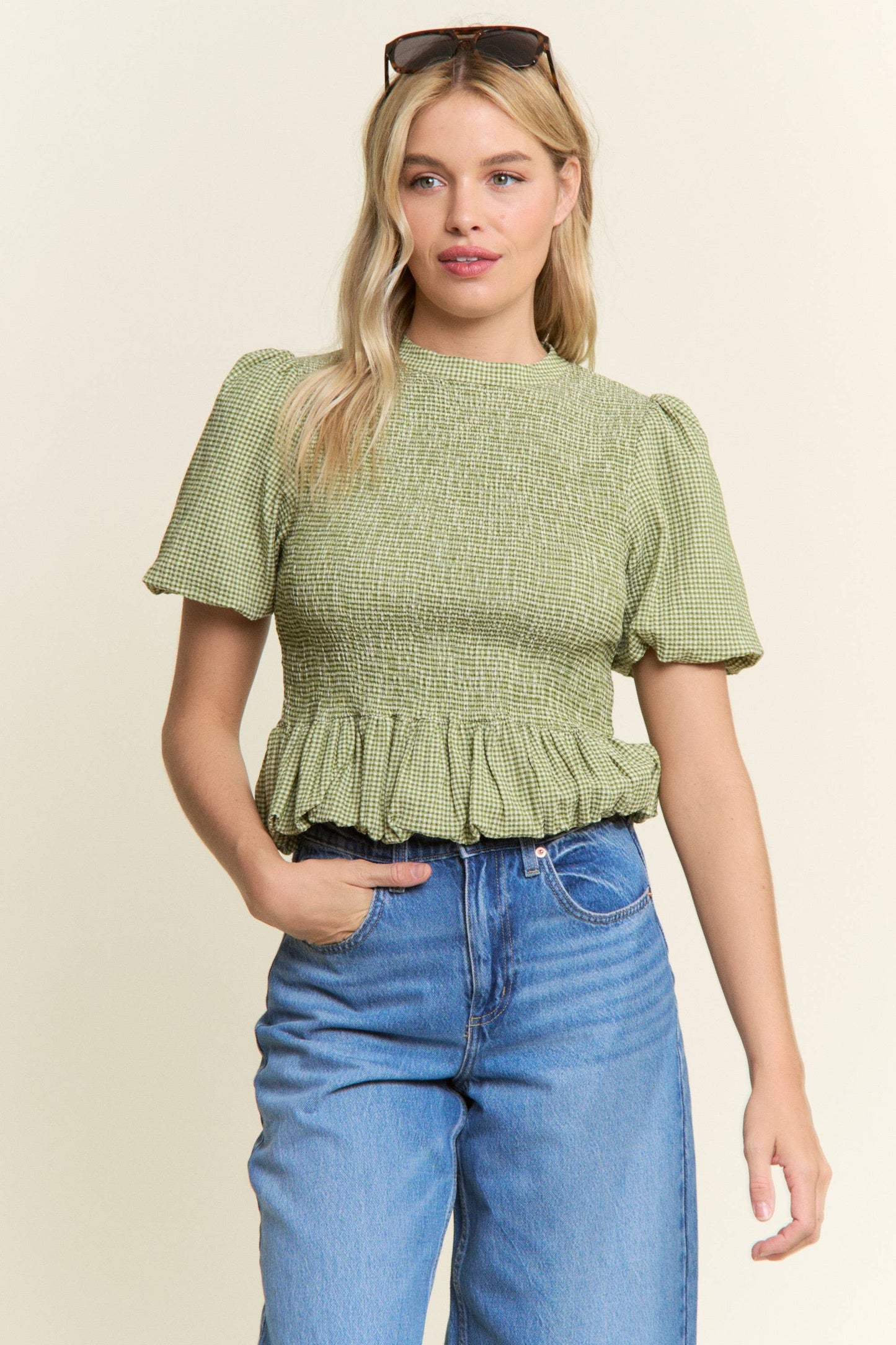 CANDESCENT - Smocked Gingham Ruffle Top