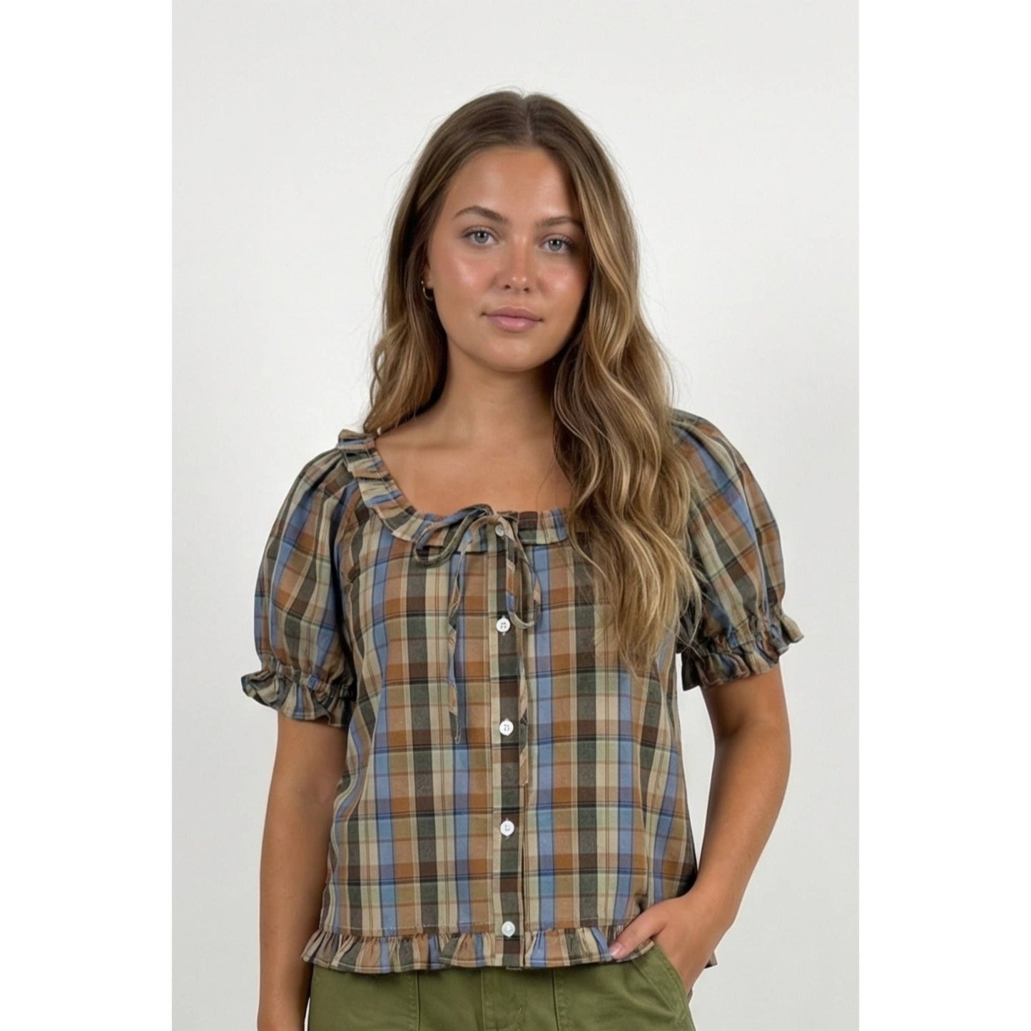 Twentifourth - TF26-0279T - Plaid ruffle sleeve button up blouse