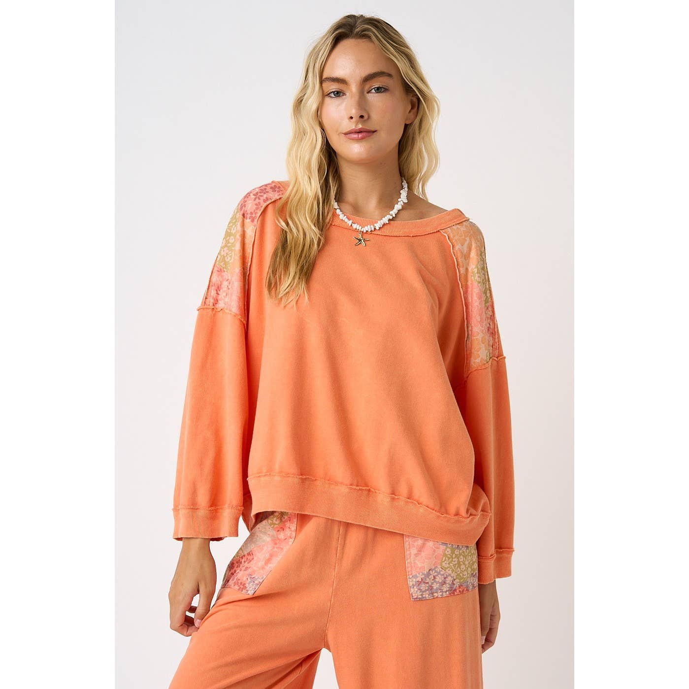 PATCHWORK MINERAL WASH LONG SLEEVE SWEATSHIRT TOP