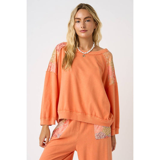 PATCHWORK MINERAL WASH LONG SLEEVE SWEATSHIRT TOP