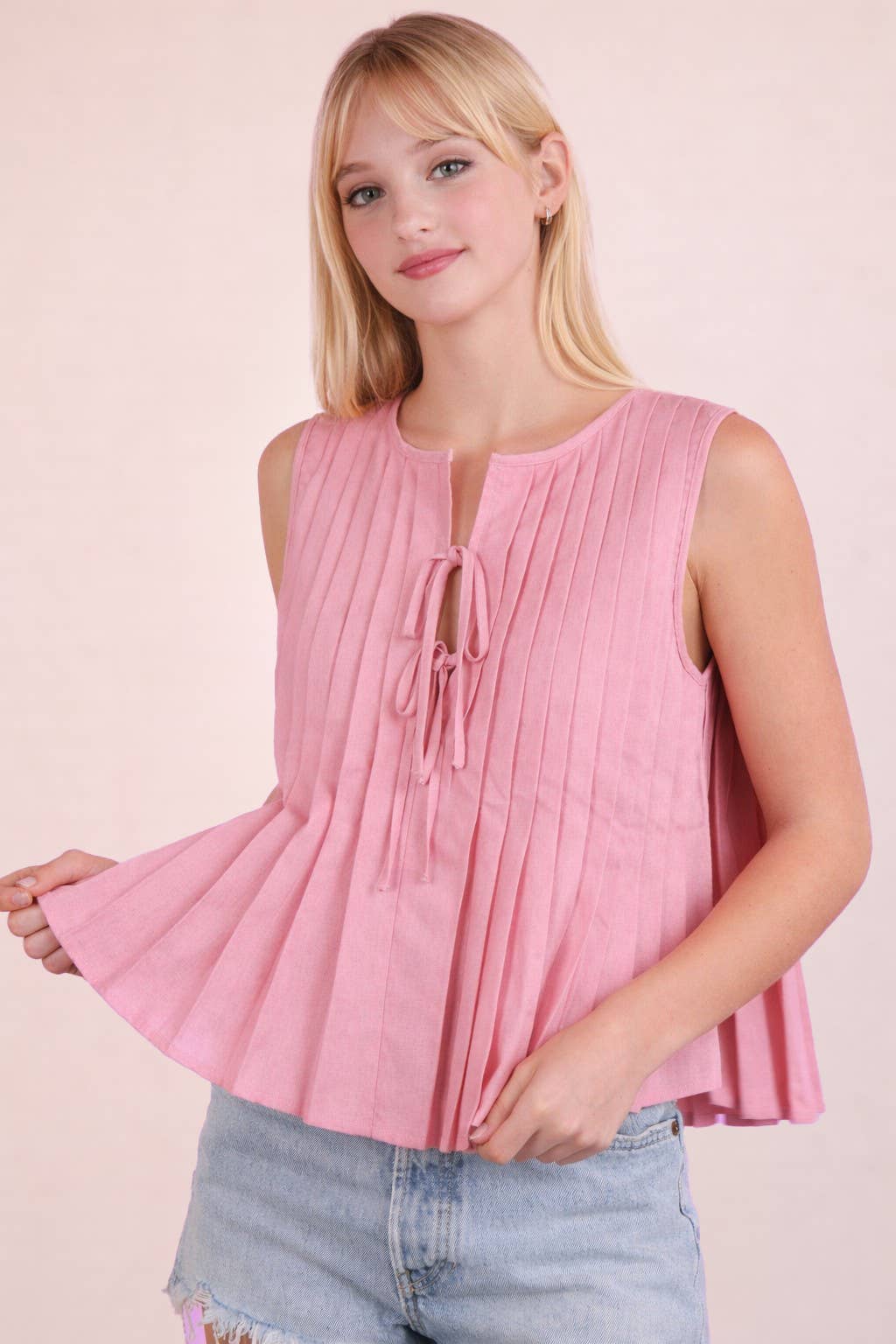 Pleated Woven Blouse Top with Front Tie