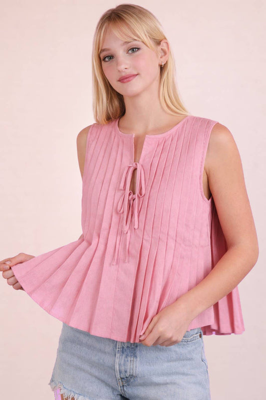 Pleated Woven Blouse Top with Front Tie