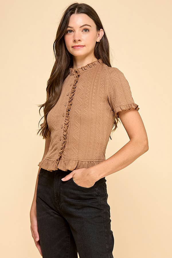 Cable knit top with short sleeve and button front