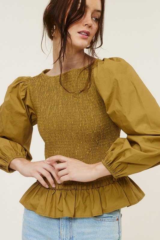 Puff Sleeve Ruched Peplum Blouse