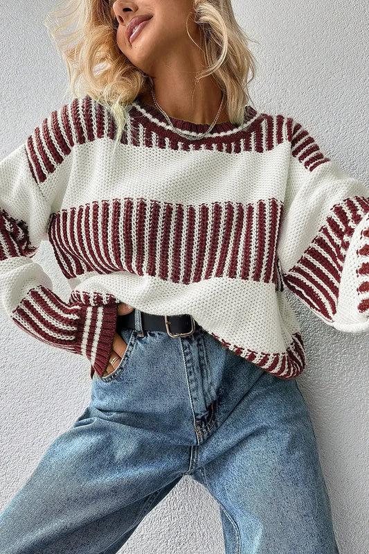 Two Tone Striped Patchwork Drop Shoulder Loose Sweater