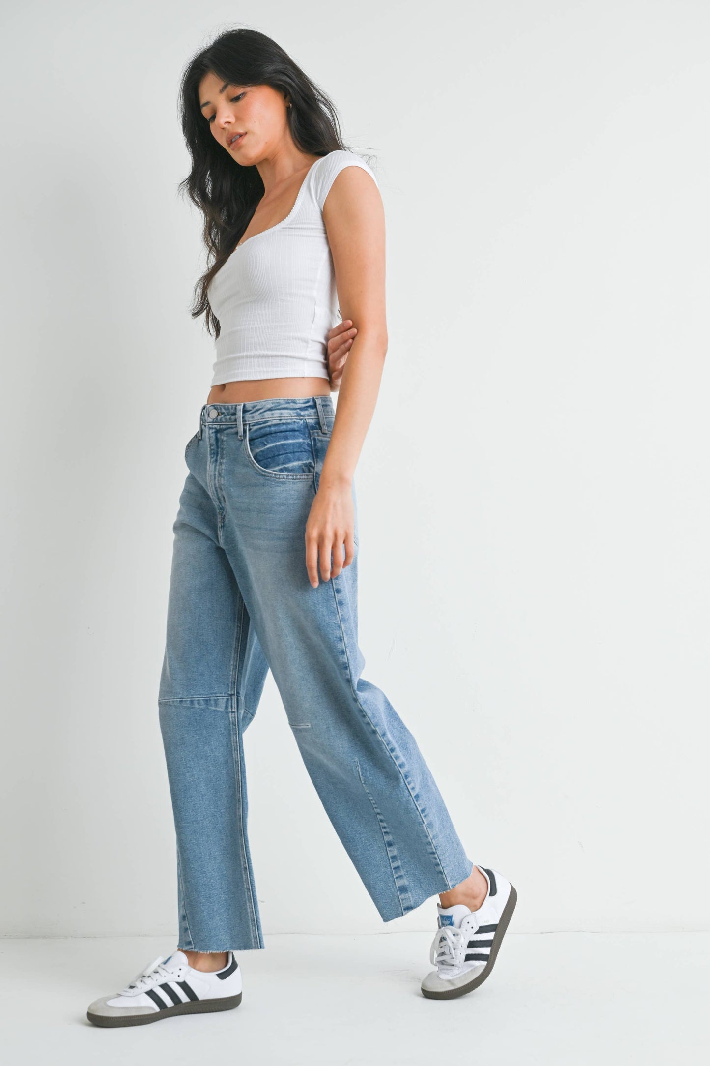 JUST BLACK DENIM - Raw Hem Barrel Jean w/ Seams - LIGHT DENIM - BP473J