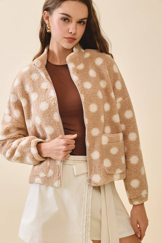 Polka Dot High Collar Front Zip Sherpa Jacket