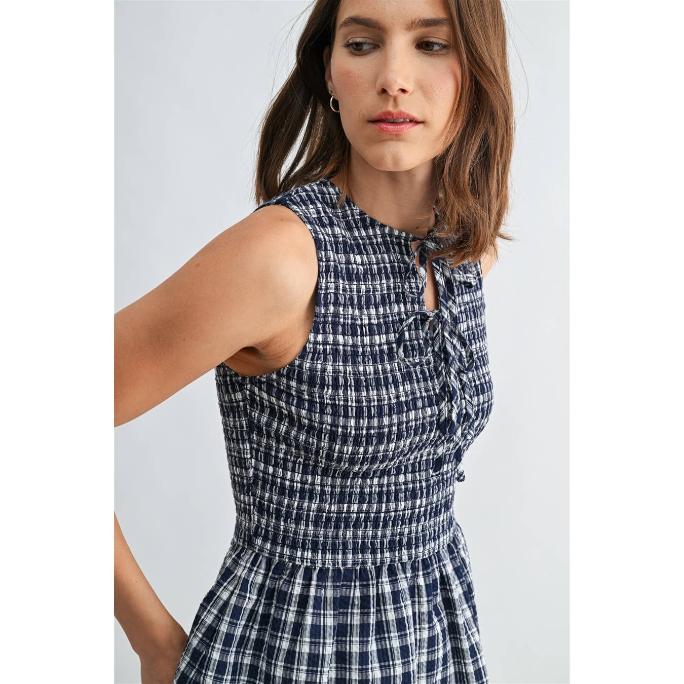 FUN2FUN - GINGHAM PRINTED SLEEVELESS PEPLUM TIE DETAIL SOCKED TOP