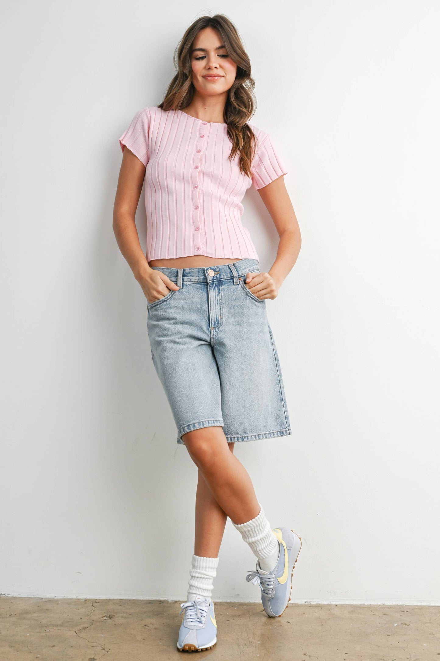 Ribbed Short Sleeve Buttoned Top