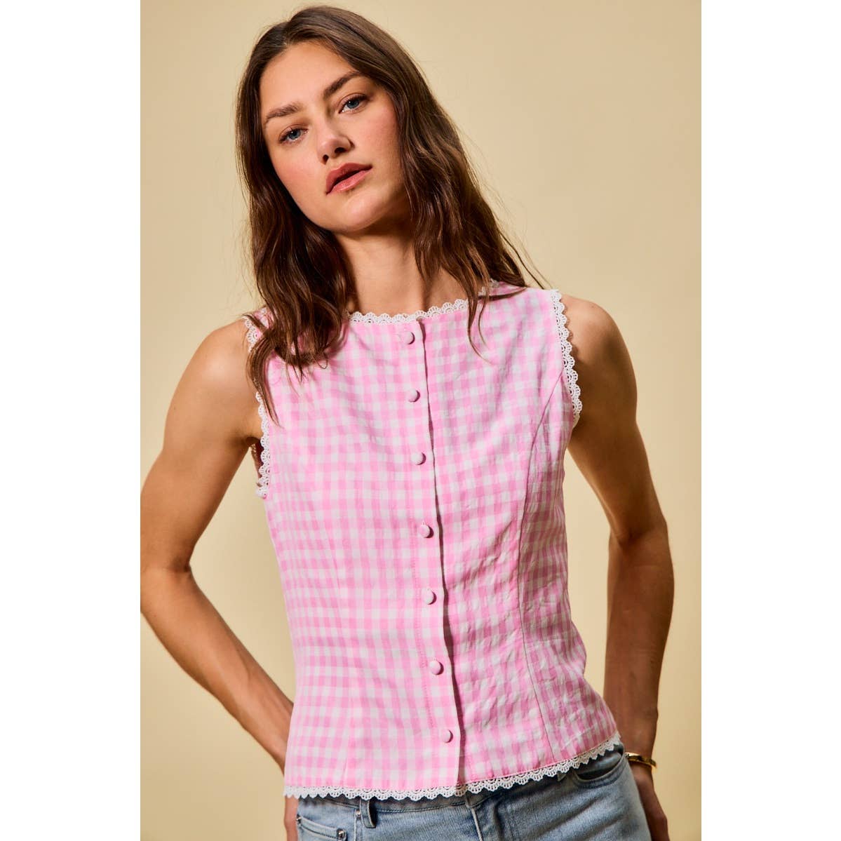 GINGHAM LACE TRIM BUTTON DOWN VEST TOP