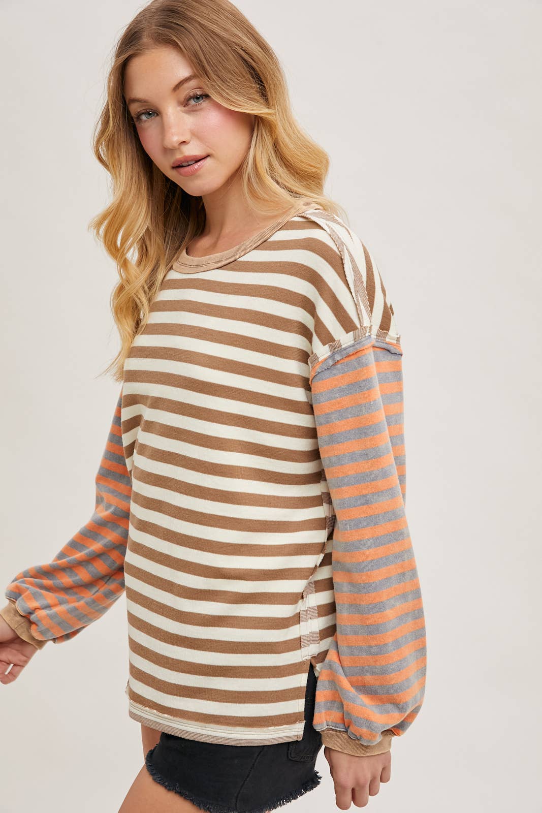 Bluivy - STRIPE CONTRAST EXPOSED SEAM LOOSE FIT KNIT PULLOVER