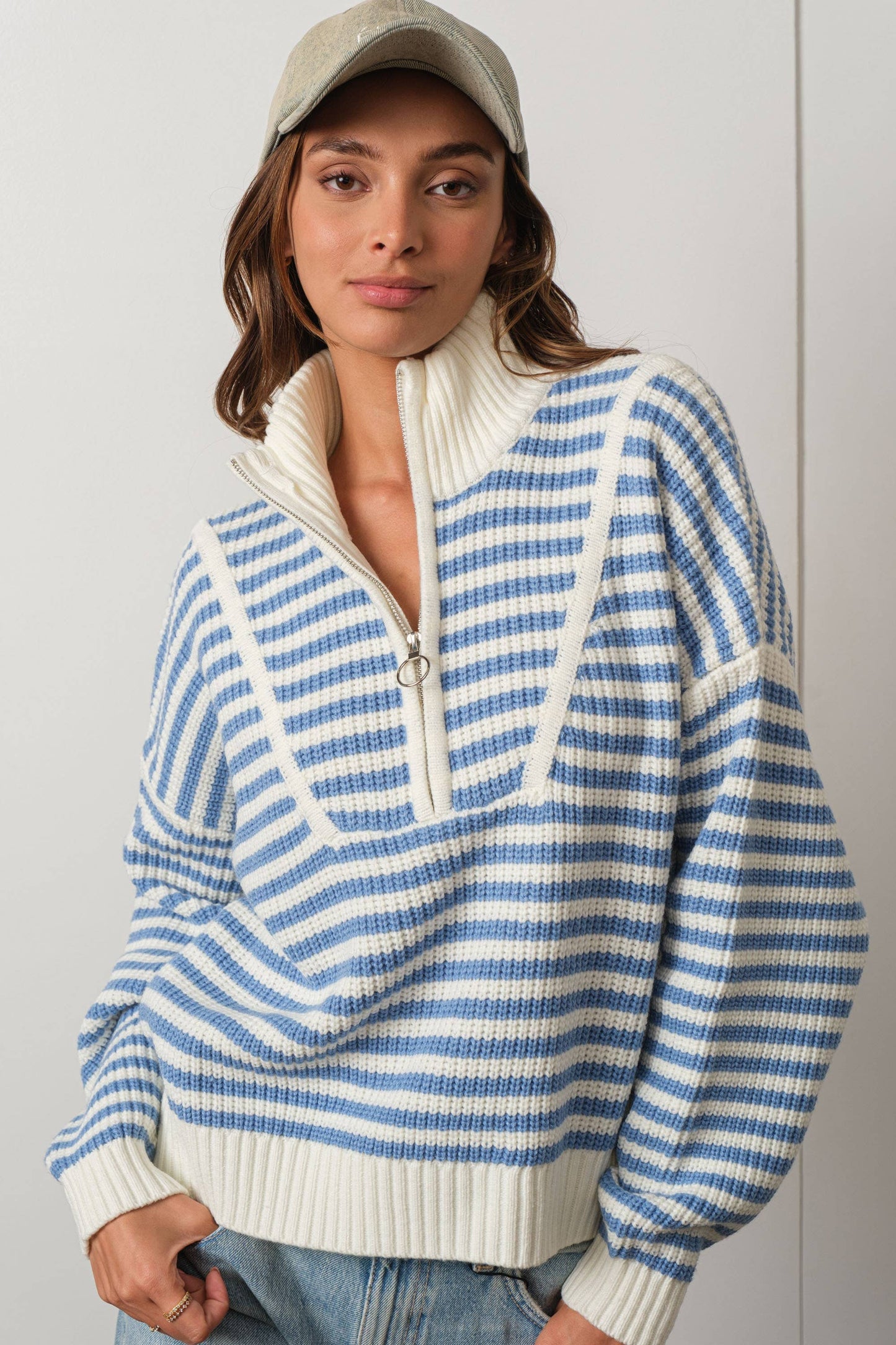 Blue Striped Knit Quarter Zip Sweater