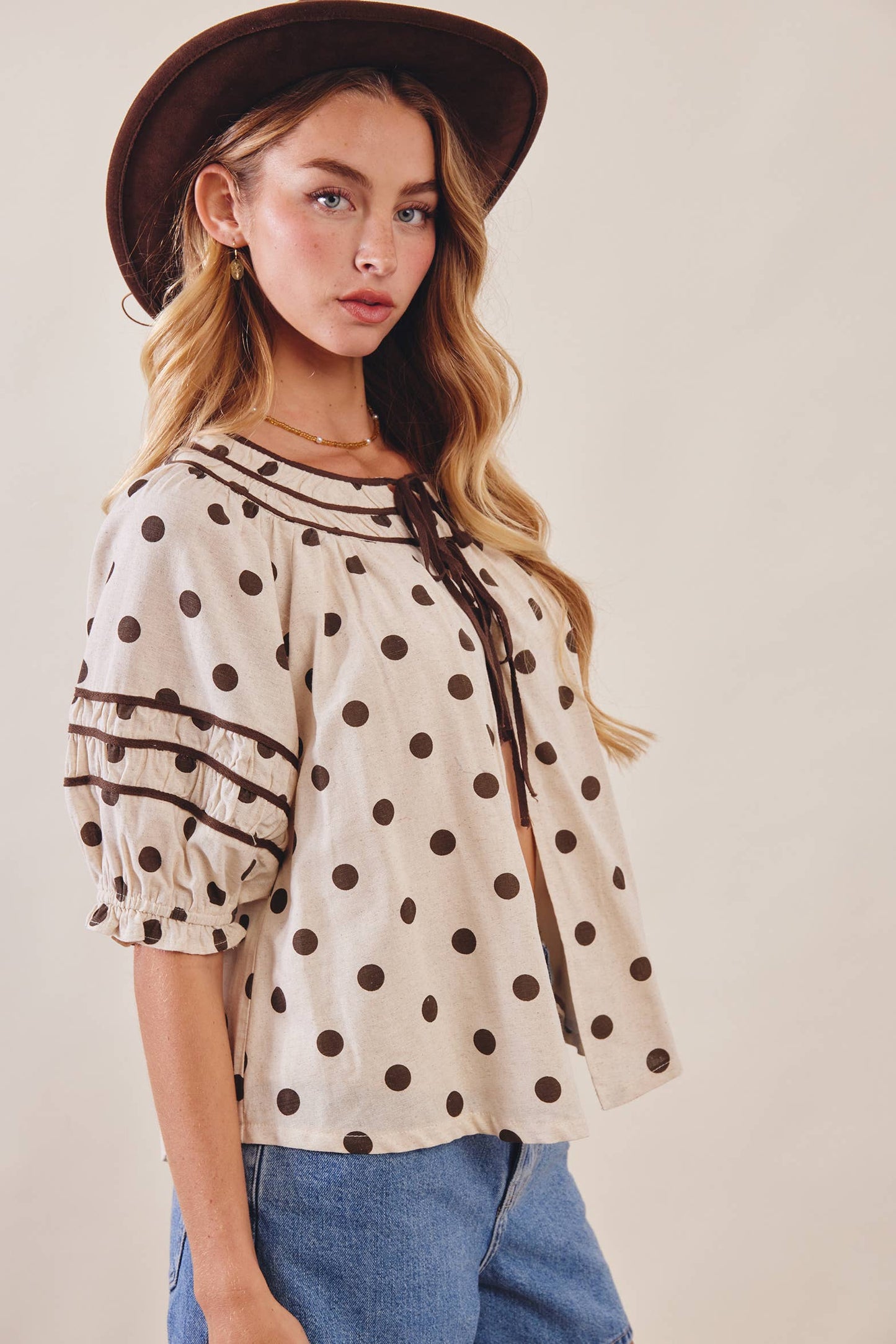 Polka Dot Ruffle Trim Blouse