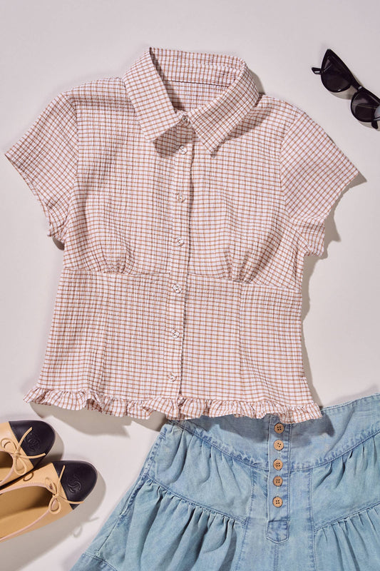 Crinkle Gingham Short Sleeve Peplum Blouse